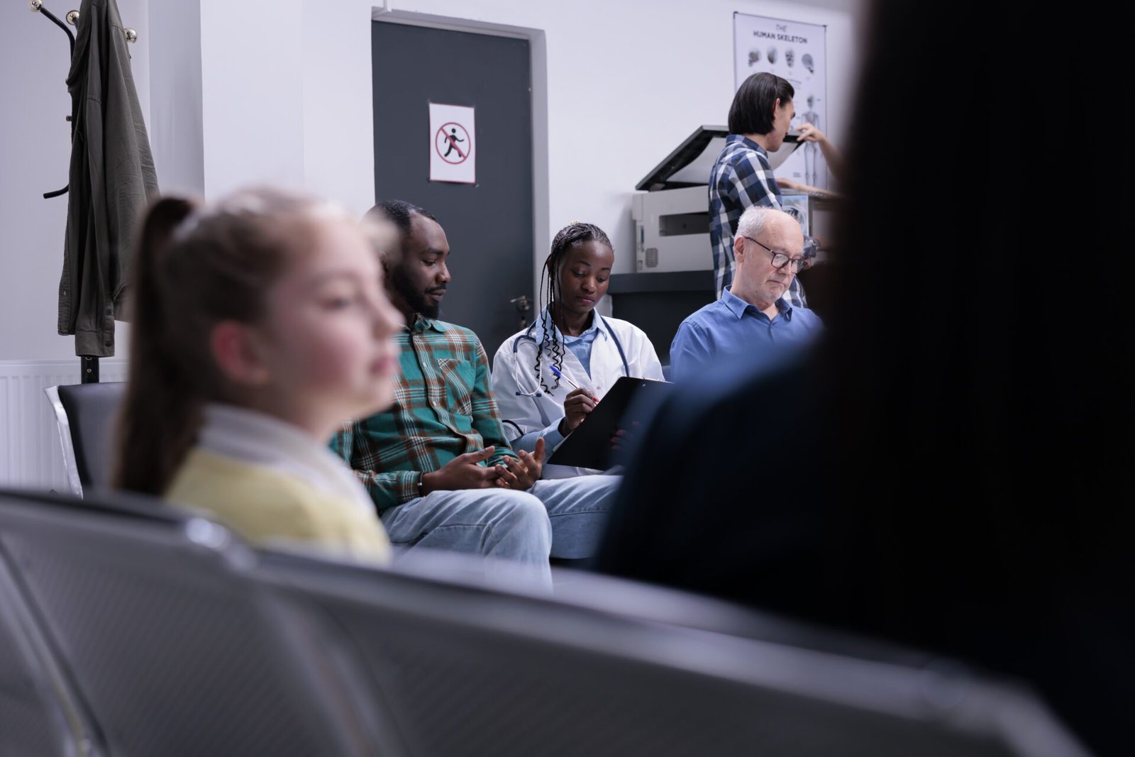 diverse people waiting private clinic while hospital medic is asking medical questions waiting room selective focus african american doctor with stethoscope completing form patients